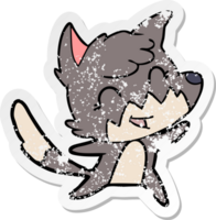 distressed sticker of a happy cartoon fox png