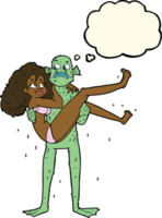 cartoon swamp monster carrying woman in bikini with thought bubble png