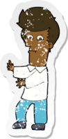 retro distressed sticker of a cartoon man gesturing wildly png
