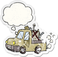 cartoon old truck with thought bubble as a distressed worn sticker png