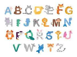 Zoo alphabet. Animal alphabet. Letters from A to Z. Cartoon cute animals isolated on white background. Different animals. Learn letters with funny animals, zoo ABC and English alphabet for kids. vector