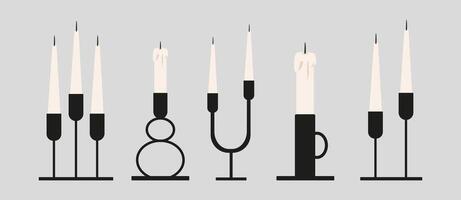 Set of candles. Collection of black candlesticks and candelabra in the style of minimalism. Home interior aesthetic inspiration modern candles vector icon set