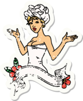 distressed sticker tattoo in traditional style of a pinup girl in towel with banner png