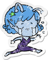 distressed sticker of a cartoon crying alien girl png