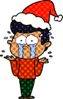hand drawn comic book style illustration of a crying man wearing santa hat png