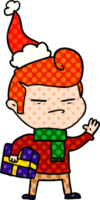 hand drawn comic book style illustration of a cool guy with fashion hair cut wearing santa hat png