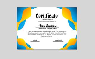 certificate template design in blue and orange abstract style for education and business appreciation vector