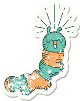 worn old sticker of a tattoo style happy caterpillar png