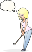 tekenfilm vrouw spelen golf met gedachte bubbel png