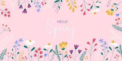 Spring background with floral elements, leaves. Editable vector template for greeting card, poster banner, invitation, social media post, mobile apps. Hello spring.