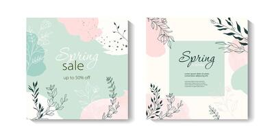 Spring square backgrounds with floral elements, leaves. Editable vector template for greeting card, poster, banner, invitation, social media post. Hello spring. Spring sale