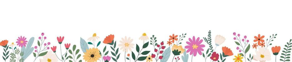 Horizontal white banner or background with beautiful colorful flowers and leaves. Spring botanical flat vector illustration on white background for wallpapers, banners, flyers, invitations, posters