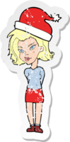 retro distressed sticker of a cartoon woman wearing christmas hat png