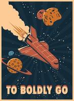 retro póster con un espacio lanzadera, diferente planetas y texto vector