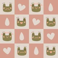 Cute seamless pattern with frog character with different emotions vector illustration