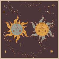 an illustration with two symbols of the sun with open and closed eyes vector