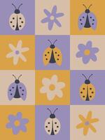 Cute pastel seamless pattern with ladybugs and flowers in squares vector illustration