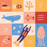 Cute bright seamless pattern with funny sea animals, scuba diver and boat vector illustration