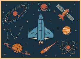 retro set with cosmic elements vector