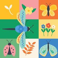 bright seamless pattern in squares with butterflies, dragonfly, ladybug, leaves, flowers vector illustration