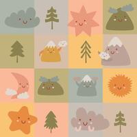 cute seamless pattern in squares of elements of nature, weather, mountains vector illustration