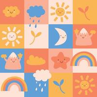 right seamless pattern in squares of elements of nature, weather, mountains vector illustration