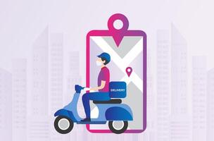 Delivery service concept, delivery man riding motorbike to delivery stuffs for customer with gps navigation on mobile location vector illustration