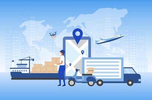 Global delivery technology concept. Business logistics, online delivery by truck, drone, plane, motorbike vector illustration