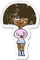 retro noodlijdende sticker van een cartoon sluwe vrouw png