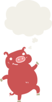 cartoon dancing pig with thought bubble in retro style png