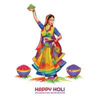 Hand draw fun women character celebrate colorful holi card background vector