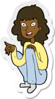 sticker of a cartoon happy woman sitting and pointing png