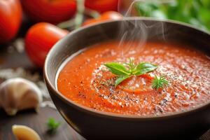 AI generated Tomato Shorba A steaming bowl of creamy tomato soup garnis. generative ai photo