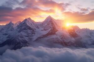 ai generado etéreo picos amanecer se despliega en el montaña neblina. generativo ai foto