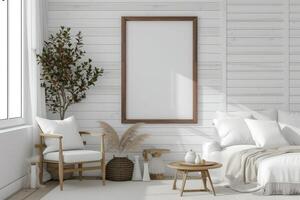 AI generated Minimalist farmhouse living room with blank frame mockup on white wooden wall paint photo