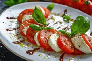 ai generado ensalada caprese con tomate queso Mozzarella y albahaca. generativo ai foto