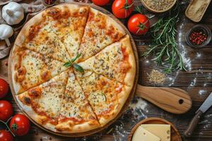 AI generated Cheese, Spices Served on Rustic Wooden Table - Flat Lay Style. Italian Pizza Margheritafood. generative ai photo