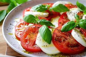 ai generado ensalada caprese con tomate queso Mozzarella y albahaca. generativo ai foto