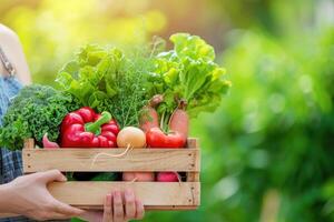 AI generated Hands Holding Wooden Box with Vegetables, Blur Garden Background. generative ai photo