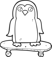 hand drawn black and white cartoon penguin riding skateboard png