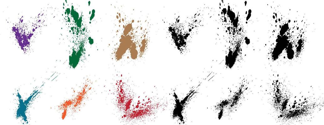 Abstract splash collection of purple, wheat, black, red, green, orange color blood paint drop texture background