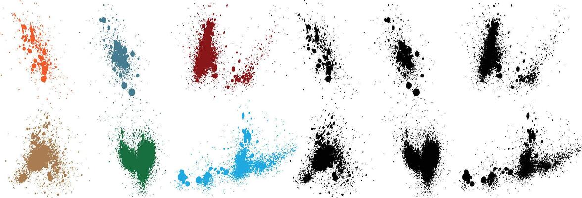 Vector collection of purple, wheat, black, red, green, orange color blood drop and splatter isolated paint brush stroke background