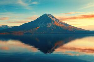 ai generado volcánico montaña en Mañana ligero reflejado en calma aguas de lago. generativo ai foto