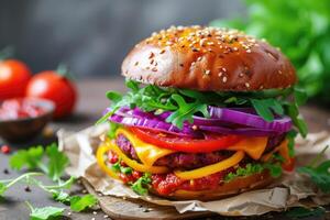 AI generated Avocado Sandwich with Vegan Burger, Roast Yellow Pepper and Pickled Red Cabbage. Selective Focus. generative ai photo