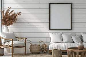 AI generated Minimalist farmhouse living room with blank frame mockup on white wooden wall paint. generative ai photo
