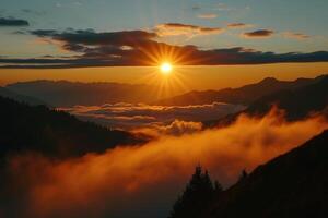 ai generado etéreo picos amanecer se despliega en el montaña neblina. generativo ai foto