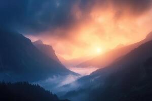 ai generado etéreo picos amanecer se despliega en el montaña neblina. generativo ai foto