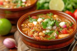 ai generado sopa con un girar, descubrir el negrita y picante delicias de pozole. generativo ai foto