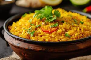 ai generado khichdi o khichri es un plato en sur asiático cocina hecho de arroz y lentejas con numeroso variaciones foto