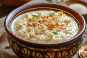 ai generado kheer, payasam, un cremoso y dulce arroz pudín indio plato, hecho por hirviendo leche, azúcar o azucar de palmera, y arroz. generativo ai foto